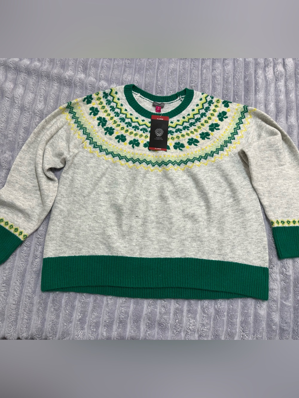 Vince Camuto Gray Crewneck Sweater with Green and Yellow Fair Isle Yoke